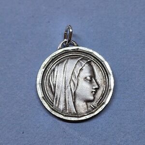Vintage French Silver Tone Medal Our Lady of Lourdes Bright Cut